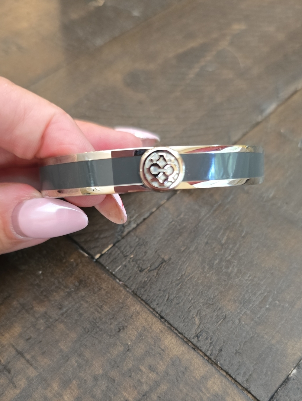 Coach Black Enamel And Silver Bangle Bracelet with Logo Accent